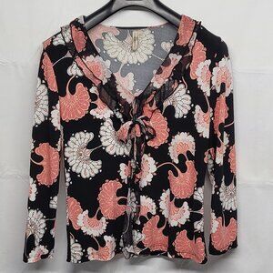 Susan Lawrence Womens Top Floral Size Large Tie Neck Long Sleeve Made in USA